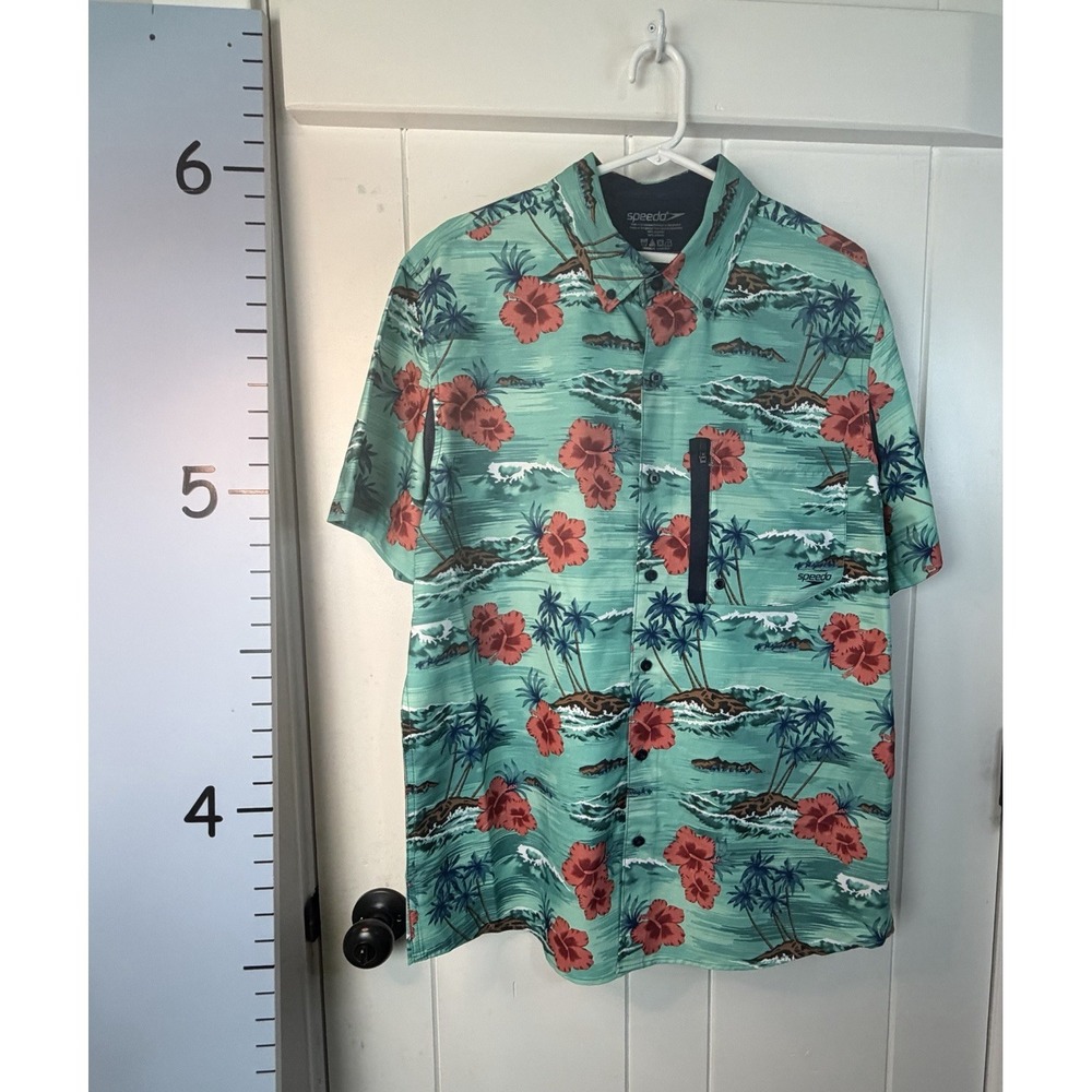 SPEEDO Shirt HAWAIIAN Floral Men's XL Polyester MESH VENTS Upper Back & Sleeves